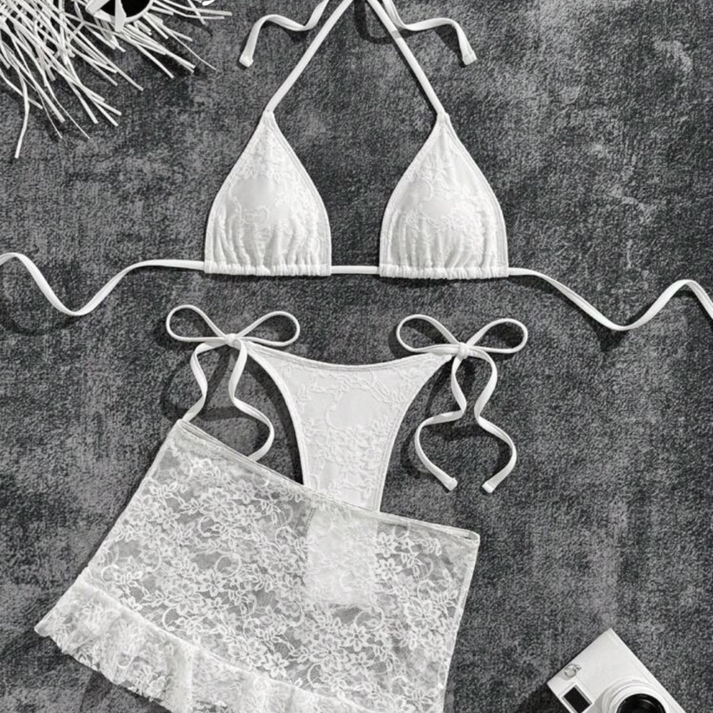 White Lace Tie Bikini Set with Sheer Skirt